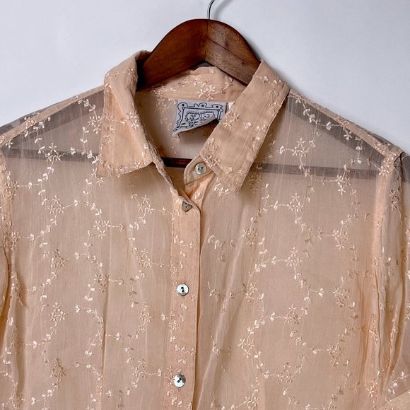 2 Of Us NYC VTG Peach Orange Sheer Floral Embroidered Button Short Sleeve Top L - Picture 6 of 9
